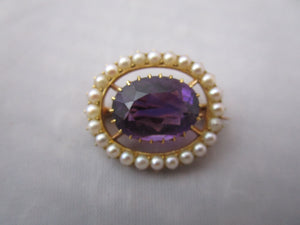 15K Gold Amethyst And Seed Pearl Brooch Pin Pendant Antique Edwardian c1910