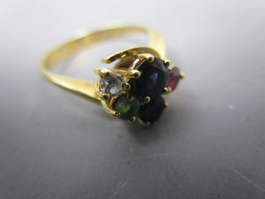 18k Yellow Gold Ruby Sapphire Diamond Emerald Ring Vintage c1980