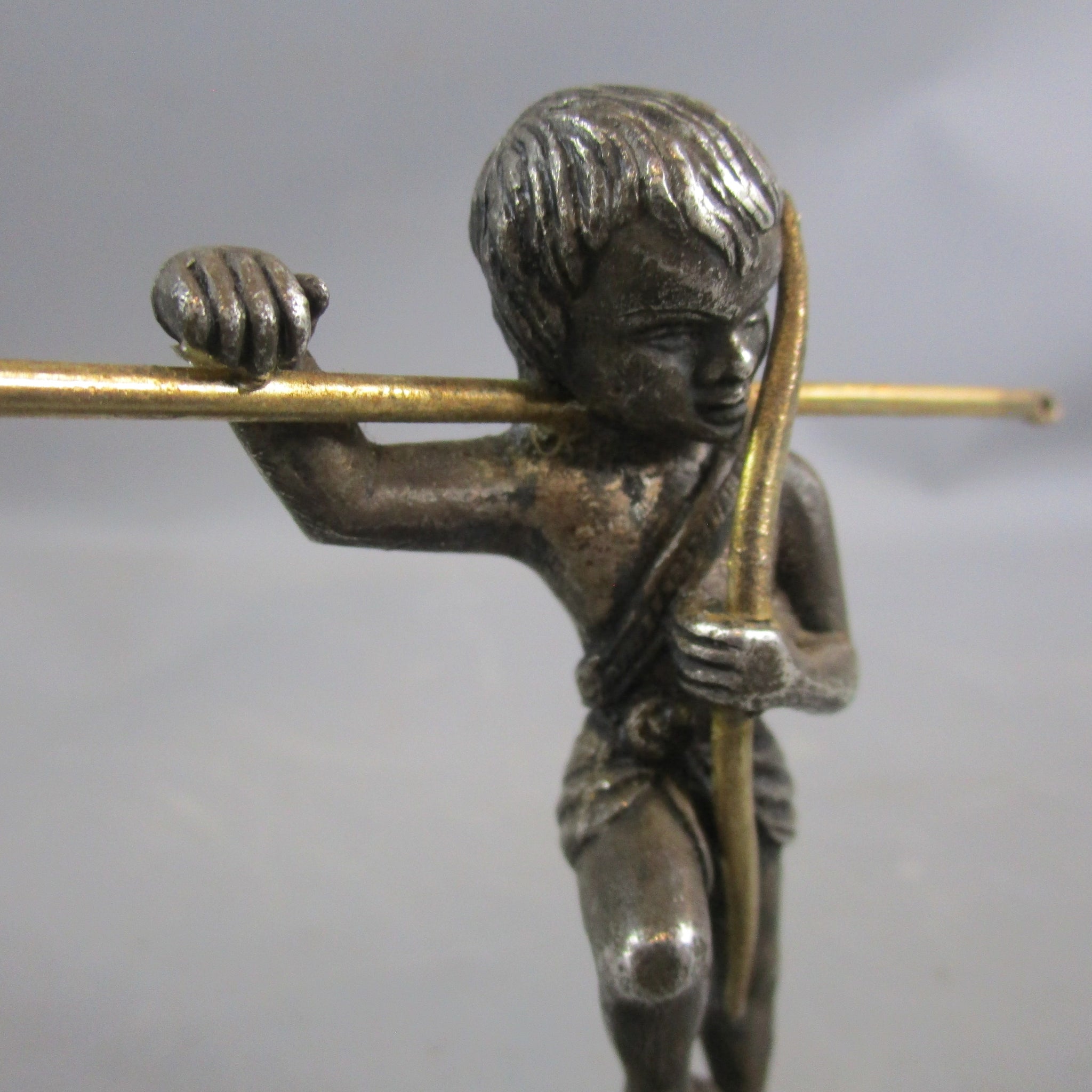 Antique Cast White Metal Cherub Standing On Heart Holding Bow Circa -1880