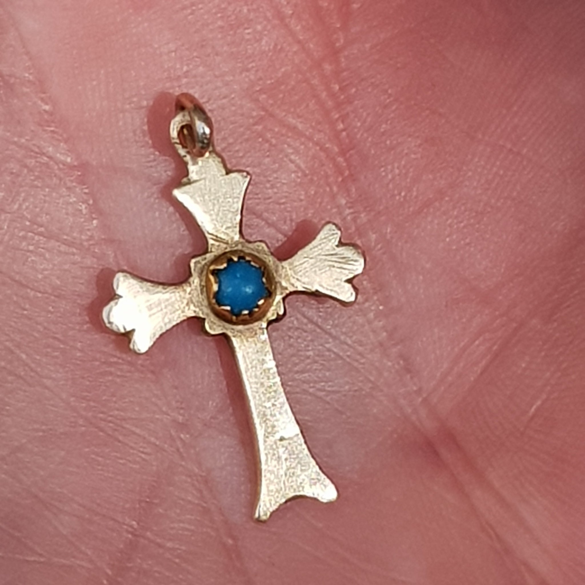 9k 9ct Gold Turquoise Cabochon Budded Cross Pendant Antique Edwardian Circa 1910