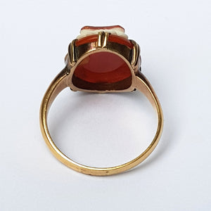 14k Gold Orange And White Agate Shield Ring Size U.K Y Rare Antique circa 1920