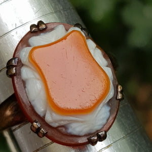 14k Gold Orange And White Agate Shield Ring Size U.K Y Rare Antique circa 1920