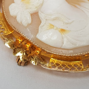 9k Gold Hand Carved Shell Cameo Brooch Pendant Nyx Goddess Of Night Antique Circa 1910