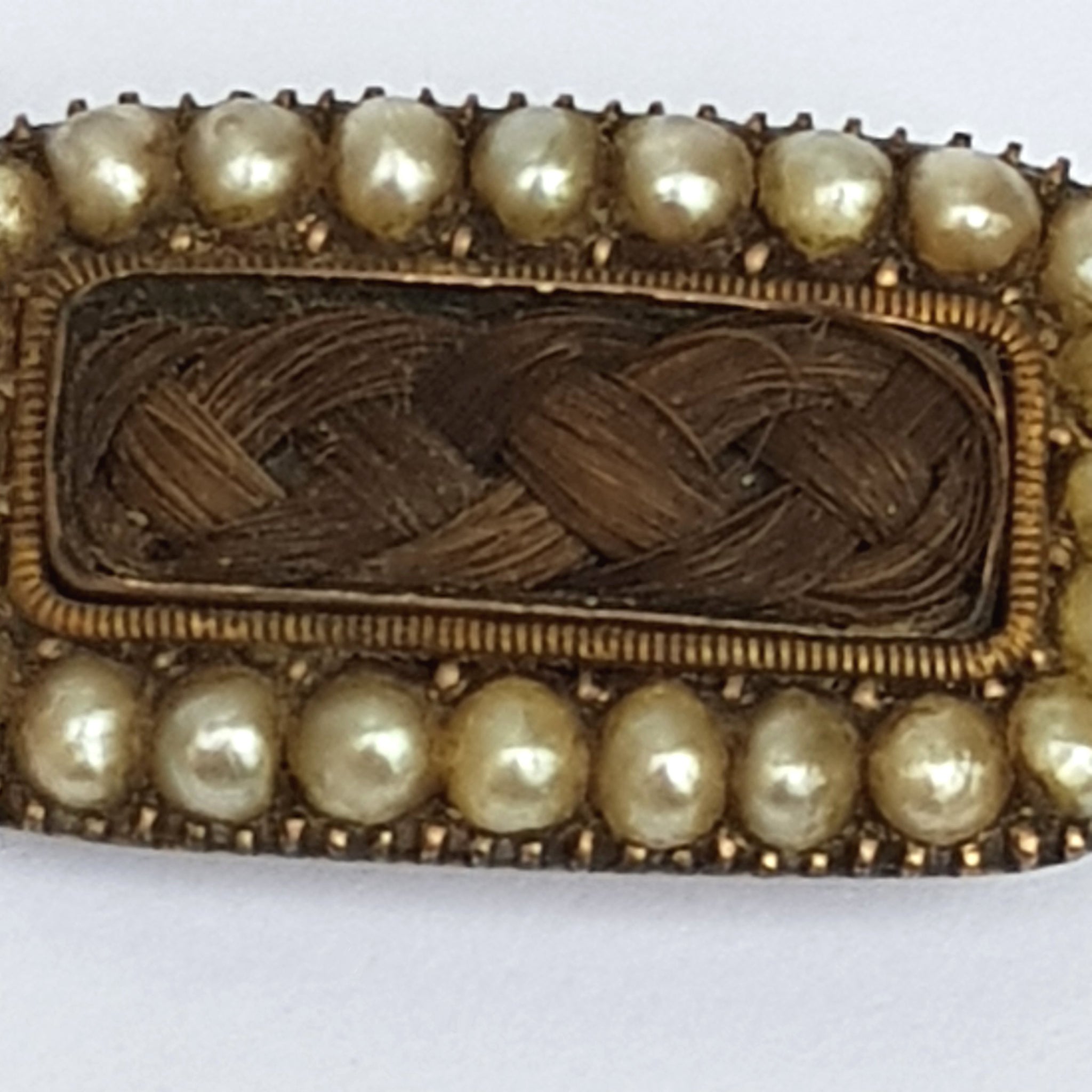 9k Gold Pearl Mourning Brooch With Woven Hair Memento Mori Antique Georgian circa 1810