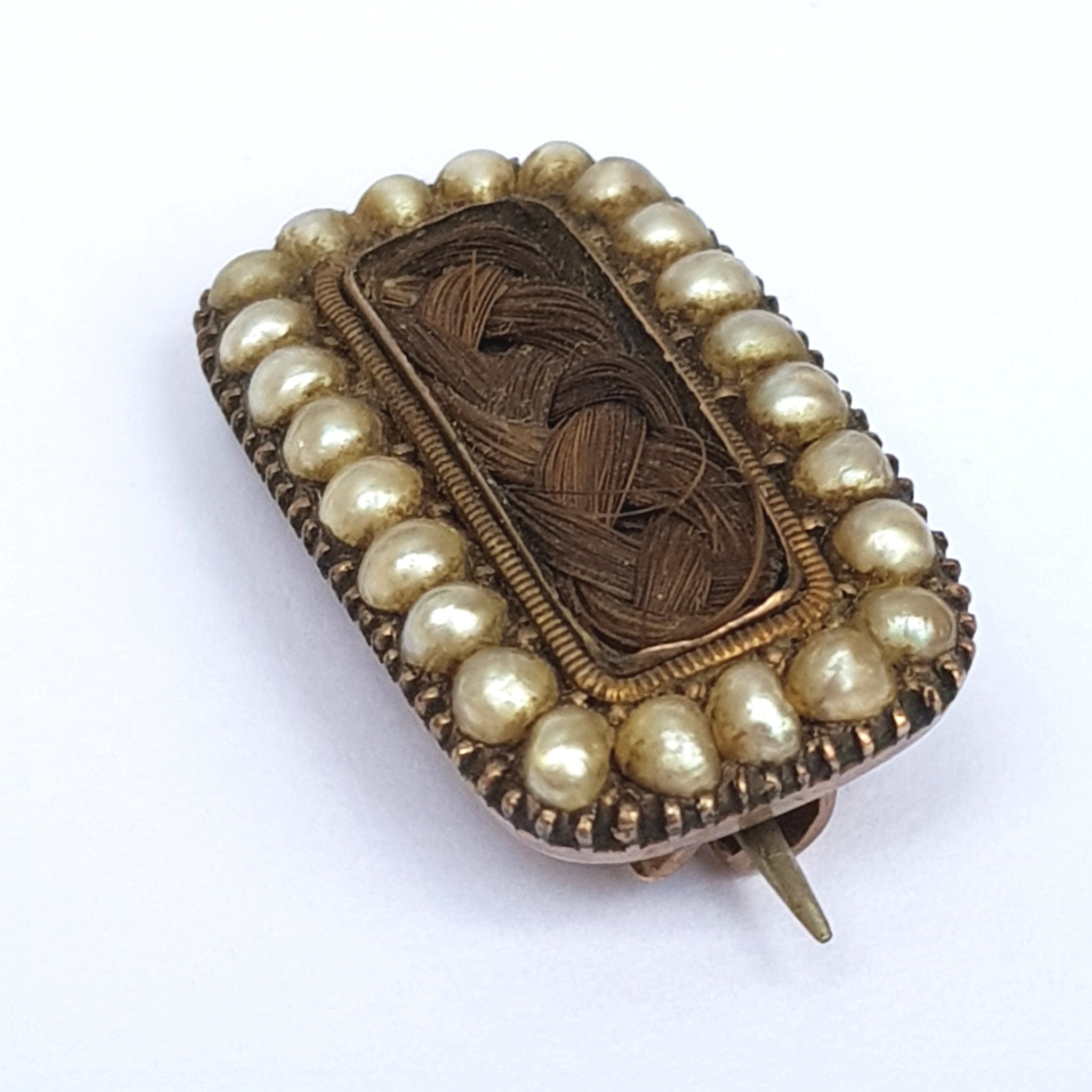 9k Gold Pearl Mourning Brooch With Woven Hair Memento Mori Antique Georgian circa 1810
