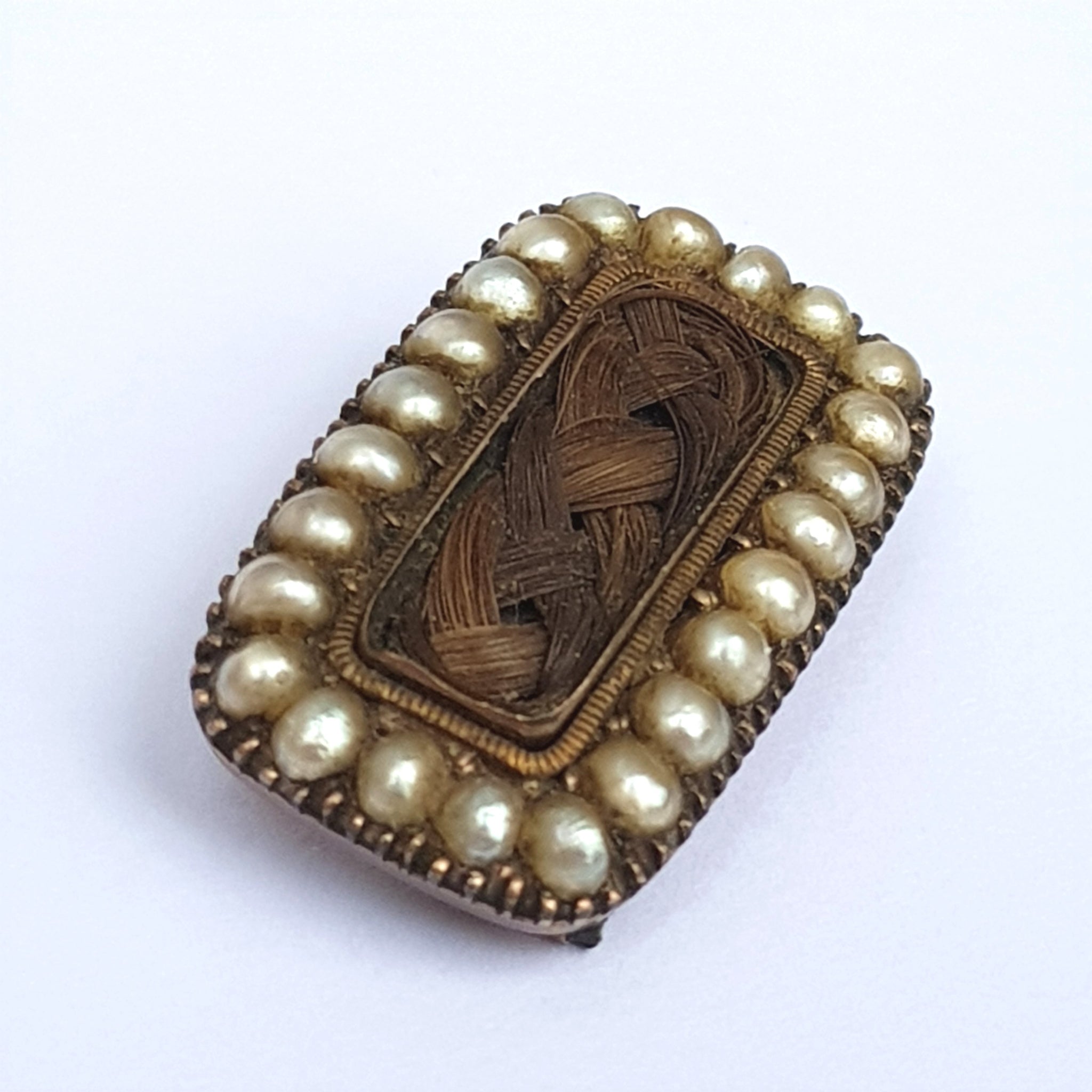 9k Gold Pearl Mourning Brooch With Woven Hair Memento Mori Antique Georgian circa 1810