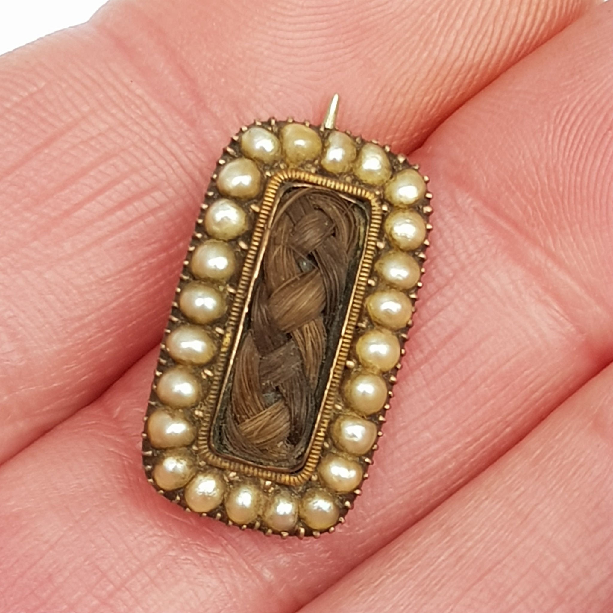 9k Gold Pearl Mourning Brooch With Woven Hair Memento Mori Antique Georgian circa 1810