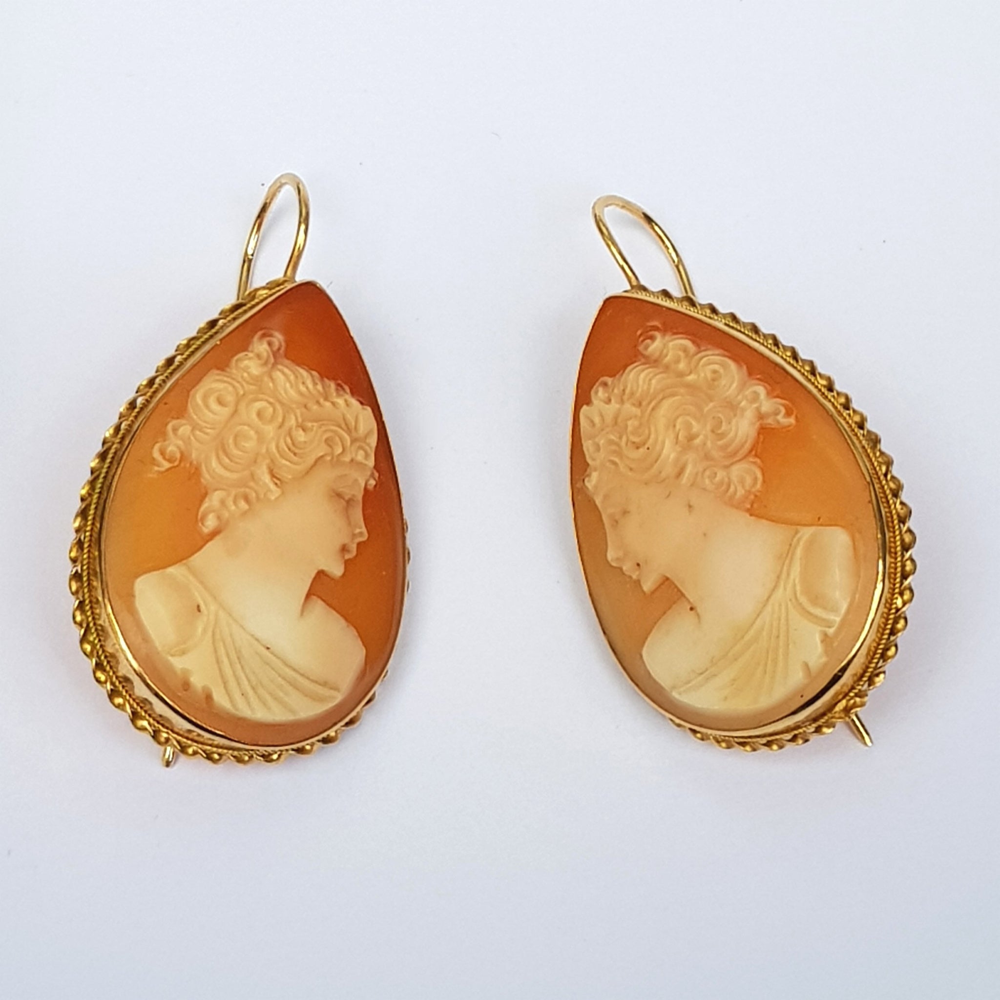 15k Gold Mounted Carved Naples Bay Shell Large Pair Of Cameo Earrings Vintage Napoli Italy circa 1970's