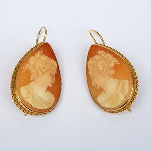 15k Gold Mounted Carved Naples Bay Shell Large Pair Of Cameo Earrings Vintage Napoli Italy circa 1970's