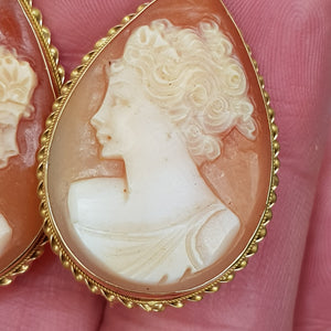 15k Gold Mounted Carved Naples Bay Shell Large Pair Of Cameo Earrings Vintage Napoli Italy circa 1970's