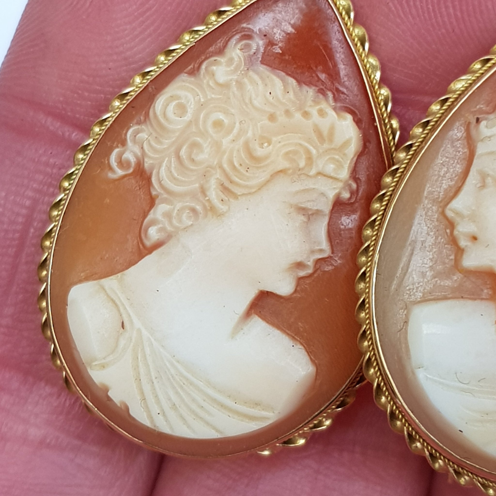 15k Gold Mounted Carved Naples Bay Shell Large Pair Of Cameo Earrings Vintage Napoli Italy circa 1970's