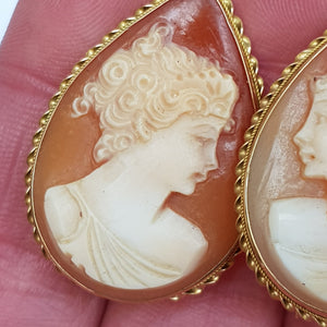 15k Gold Mounted Carved Naples Bay Shell Large Pair Of Cameo Earrings Vintage Napoli Italy circa 1970's