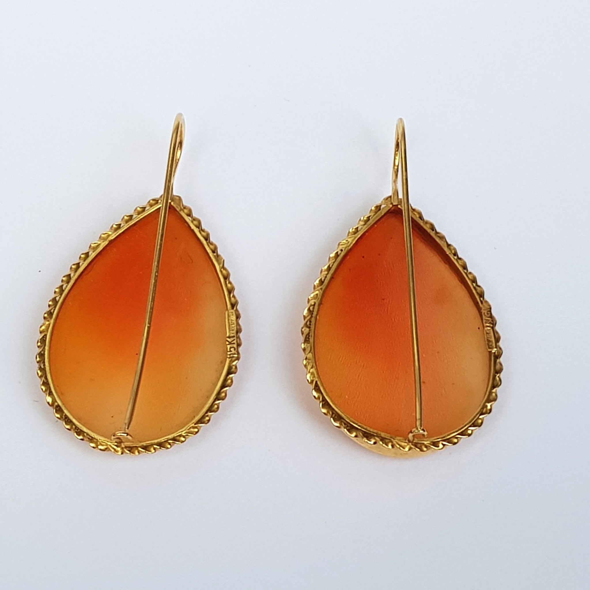 15k Gold Mounted Carved Naples Bay Shell Large Pair Of Cameo Earrings Vintage Napoli Italy circa 1970's