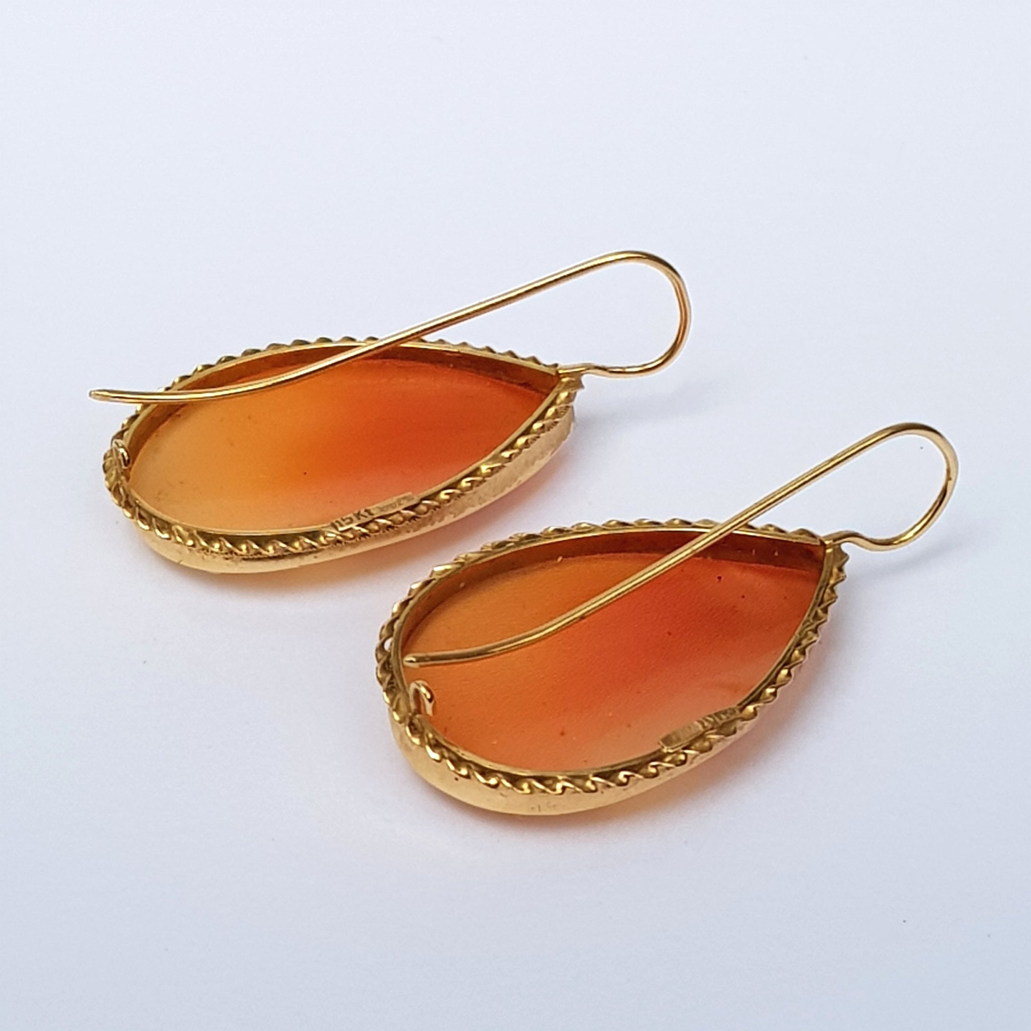 15k Gold Mounted Carved Naples Bay Shell Large Pair Of Cameo Earrings Vintage Napoli Italy circa 1970's
