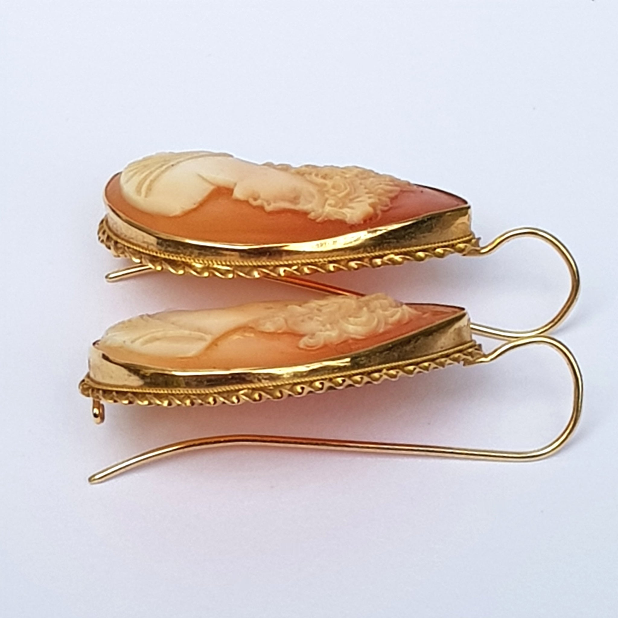 15k Gold Mounted Carved Naples Bay Shell Large Pair Of Cameo Earrings Vintage Napoli Italy circa 1970's