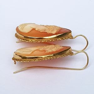 15k Gold Mounted Carved Naples Bay Shell Large Pair Of Cameo Earrings Vintage Napoli Italy circa 1970's