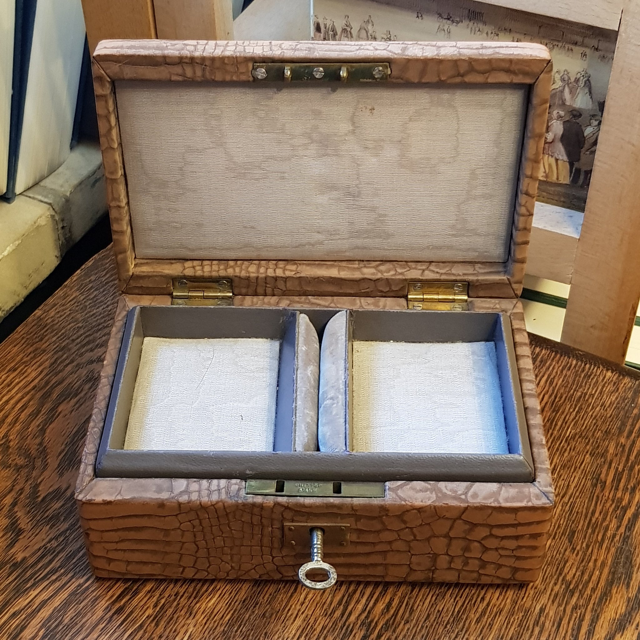 Faux Crocodile Skin Clad Small Sixed Jewellery Lock Box With Key Antique Edwardian circa 1910