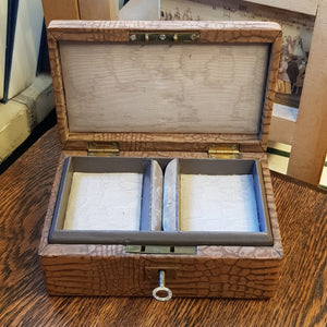 Faux Crocodile Skin Clad Small Sixed Jewellery Lock Box With Key Antique Edwardian circa 1910