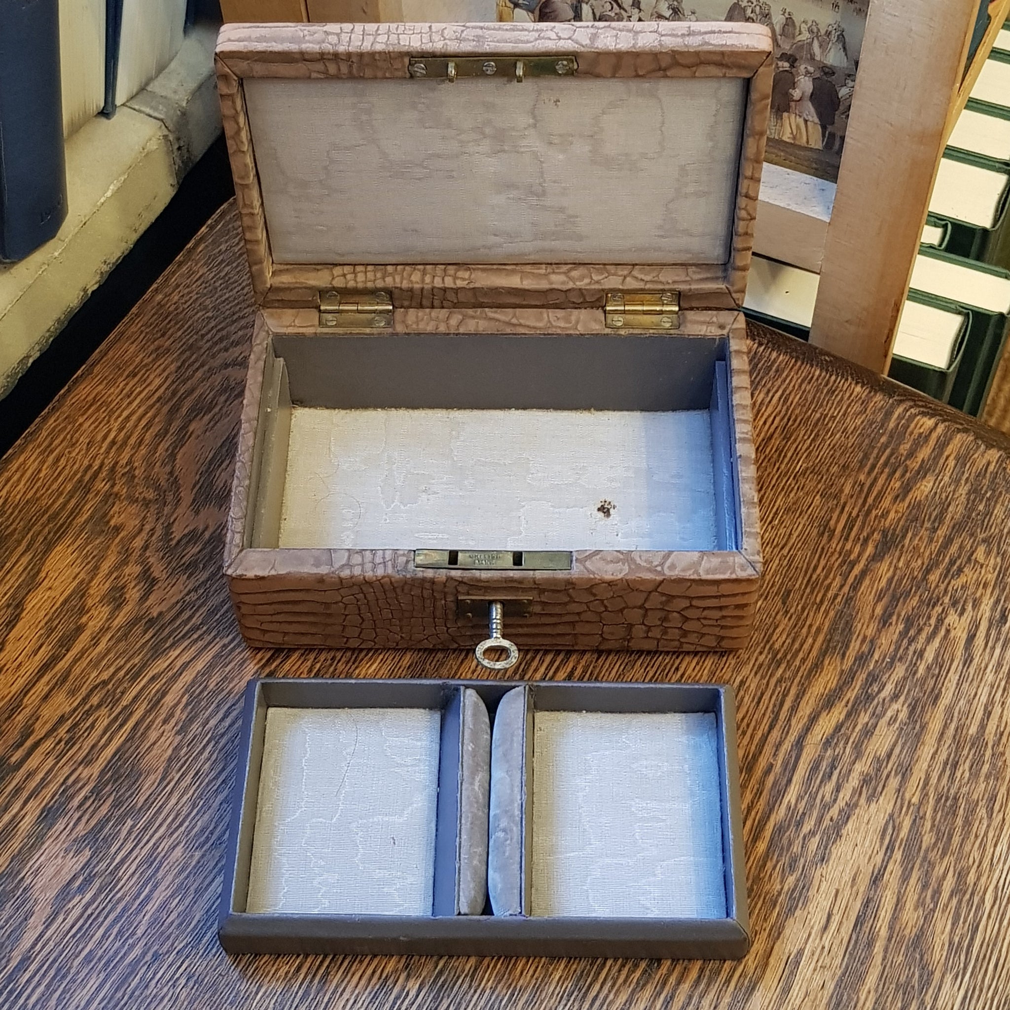 Faux Crocodile Skin Clad Small Sixed Jewellery Lock Box With Key Antique Edwardian circa 1910