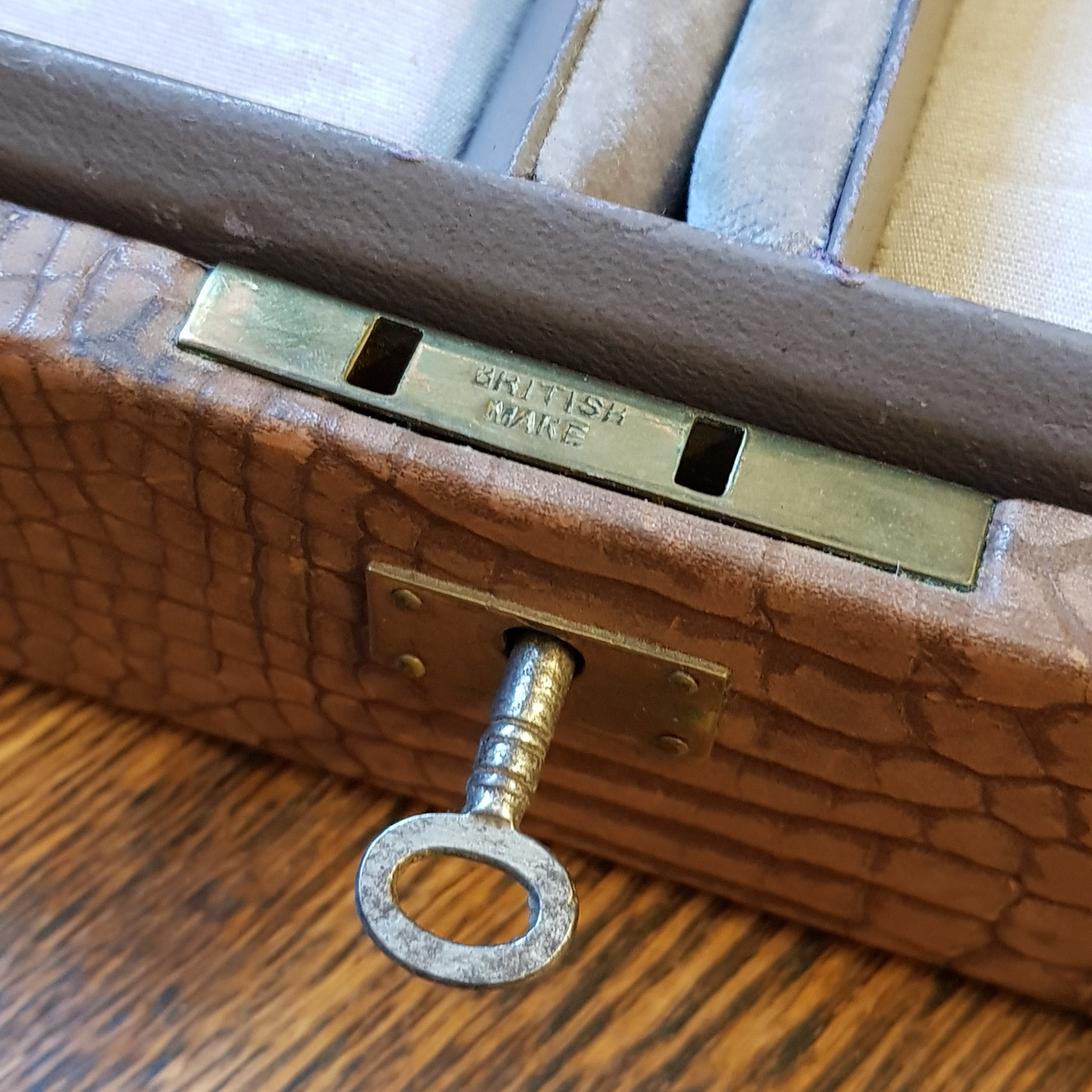 Faux Crocodile Skin Clad Small Sixed Jewellery Lock Box With Key Antique Edwardian circa 1910
