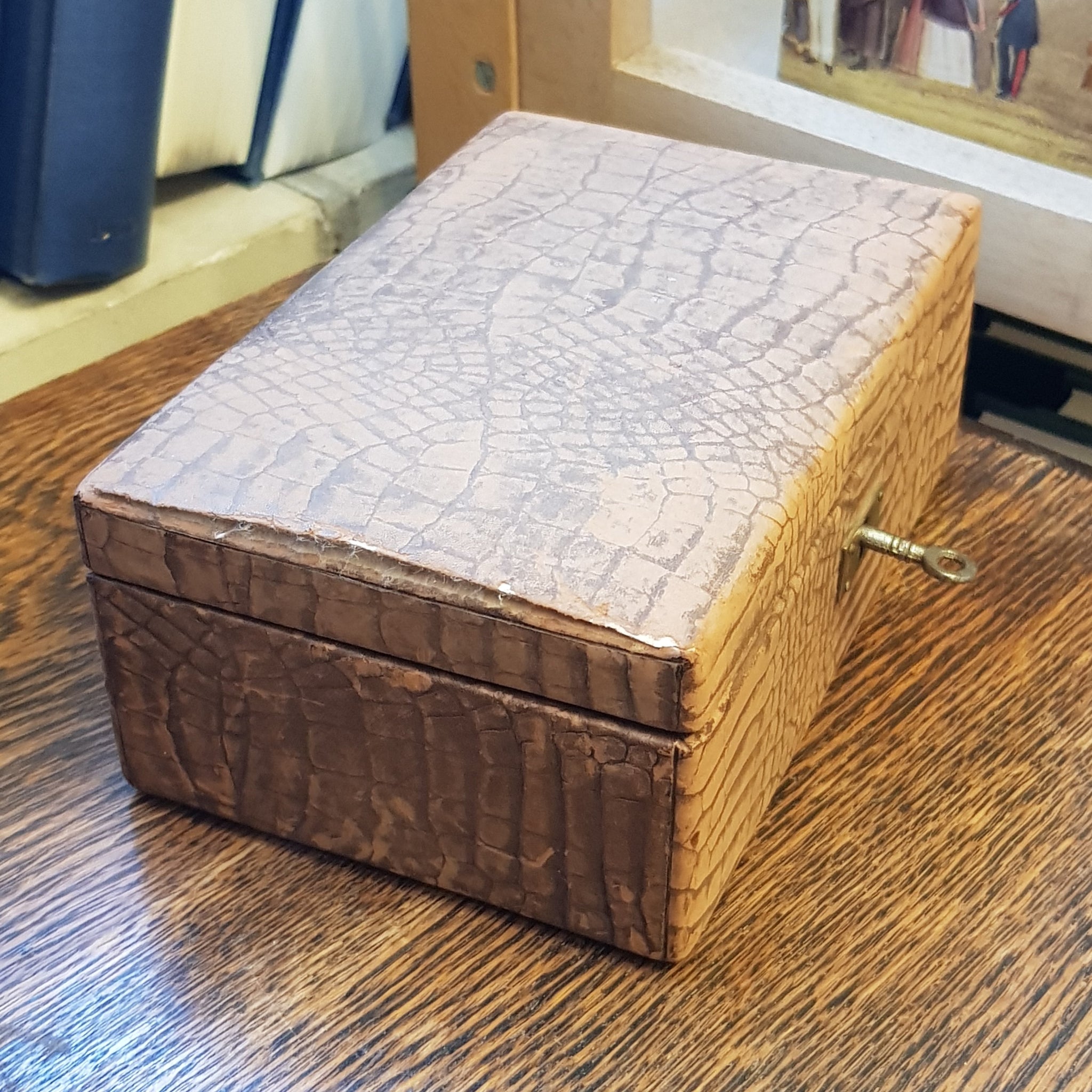 Faux Crocodile Skin Clad Small Sixed Jewellery Lock Box With Key Antique Edwardian circa 1910