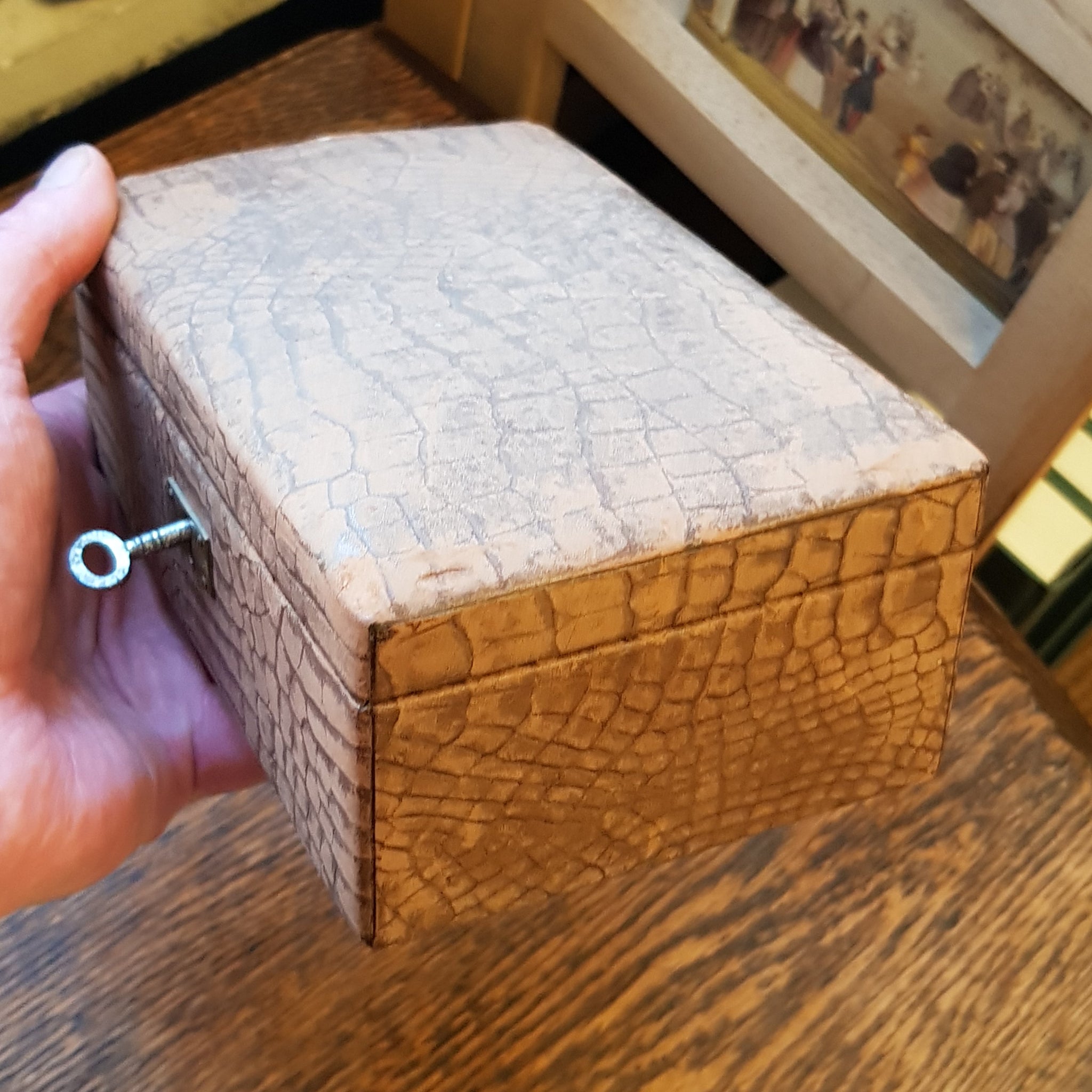 Faux Crocodile Skin Clad Small Sixed Jewellery Lock Box With Key Antique Edwardian circa 1910