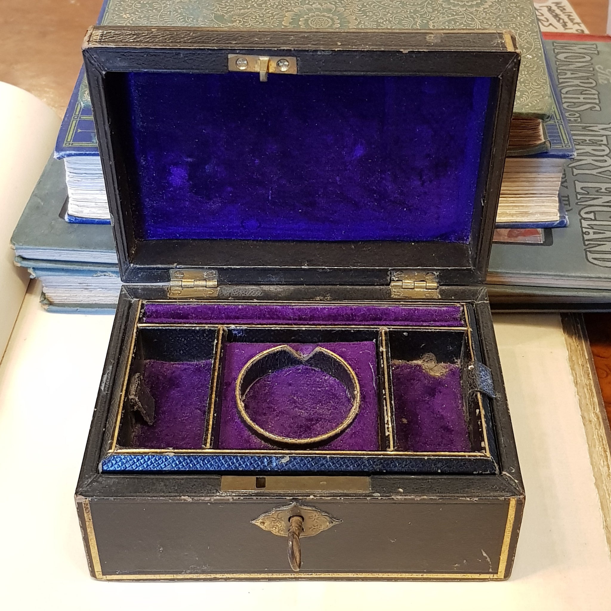 Black Leather Clad Small Sixed Jewellery Lock Box With Key Antique Victorian circa 1890