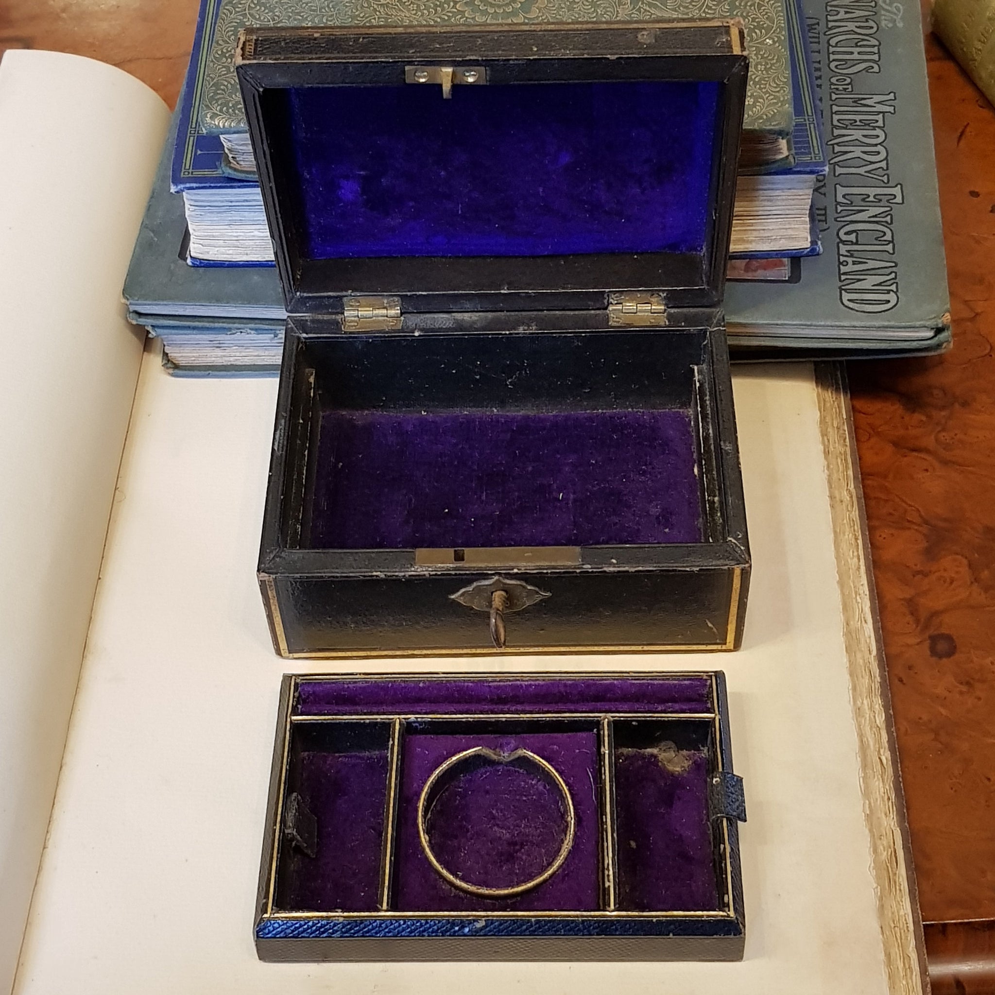 Black Leather Clad Small Sixed Jewellery Lock Box With Key Antique Victorian circa 1890