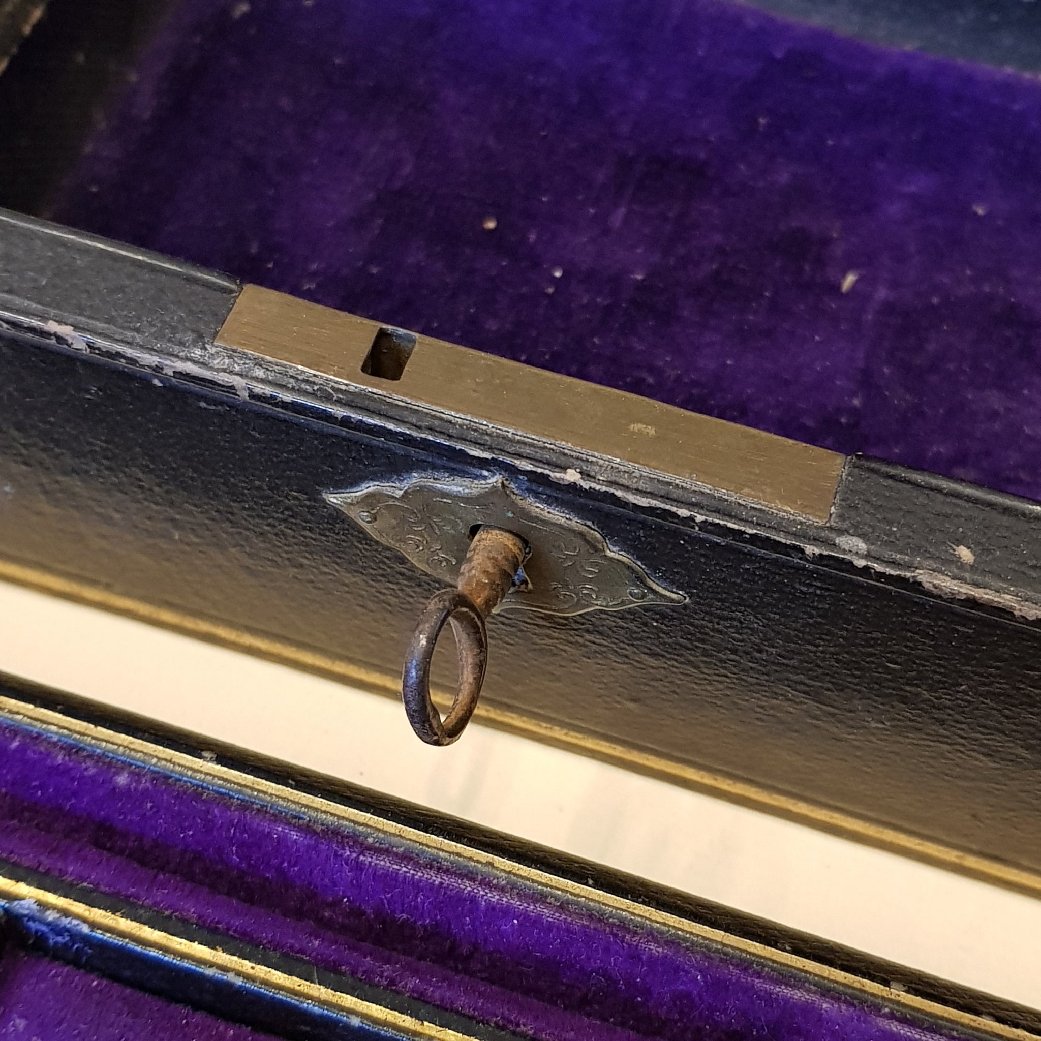 Black Leather Clad Small Sixed Jewellery Lock Box With Key Antique Victorian circa 1890