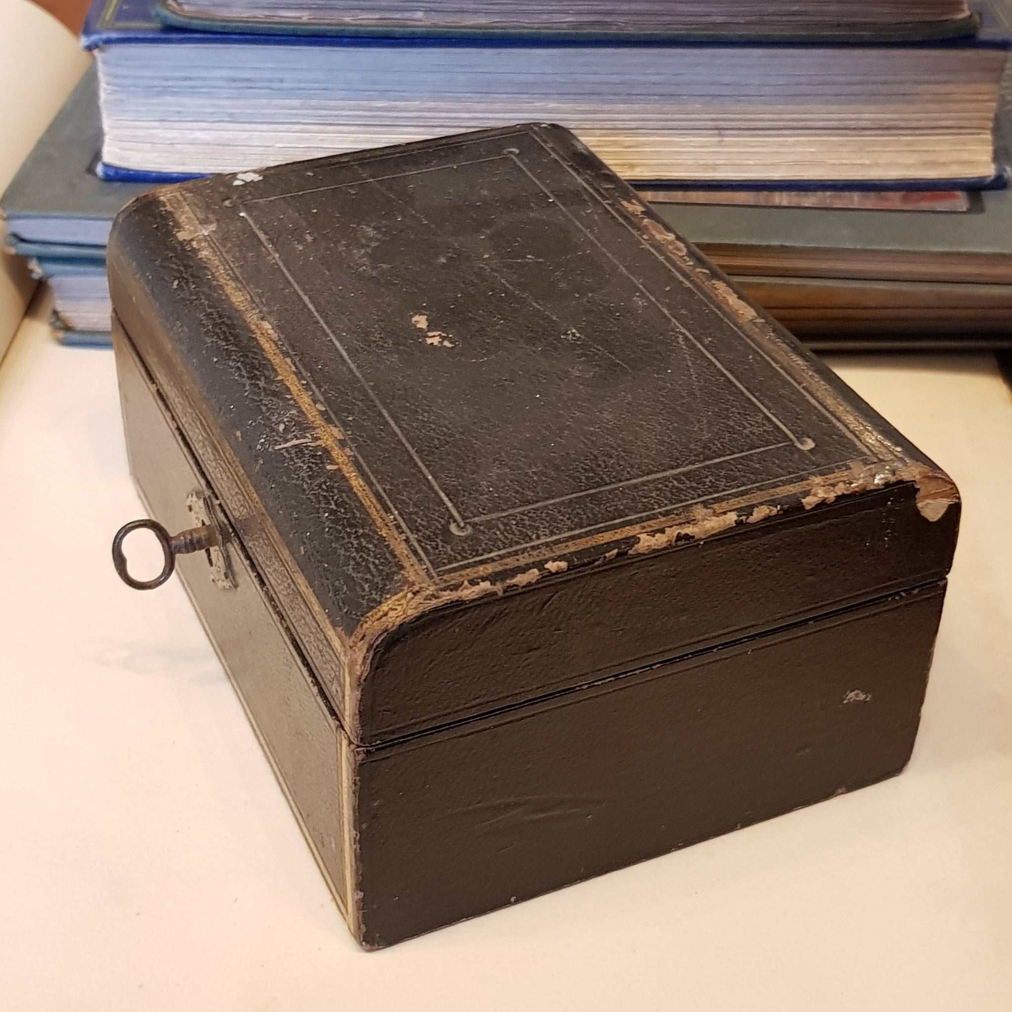 Black Leather Clad Small Sixed Jewellery Lock Box With Key Antique Victorian circa 1890
