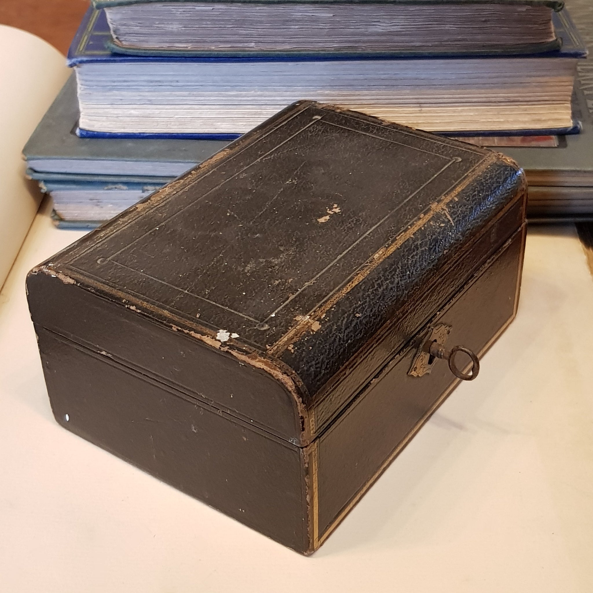 Black Leather Clad Small Sixed Jewellery Lock Box With Key Antique Victorian circa 1890