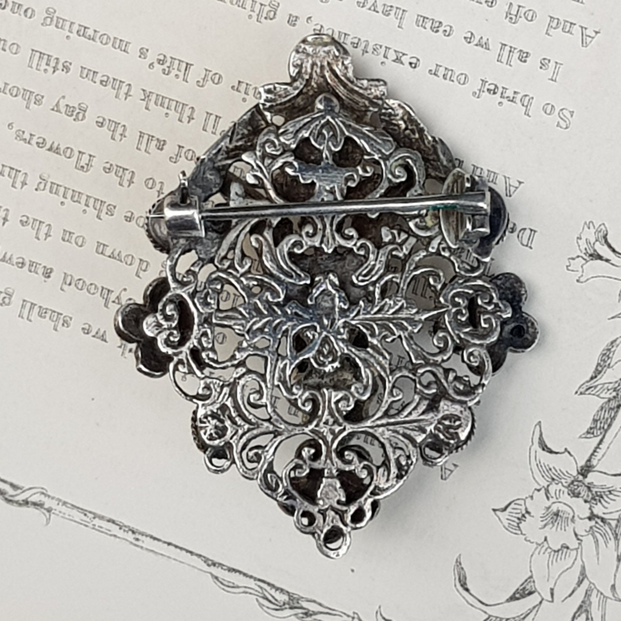 Austro Hungarian Silver Gem Stone Pearl Set Herald Angel Brooch Antique c1890