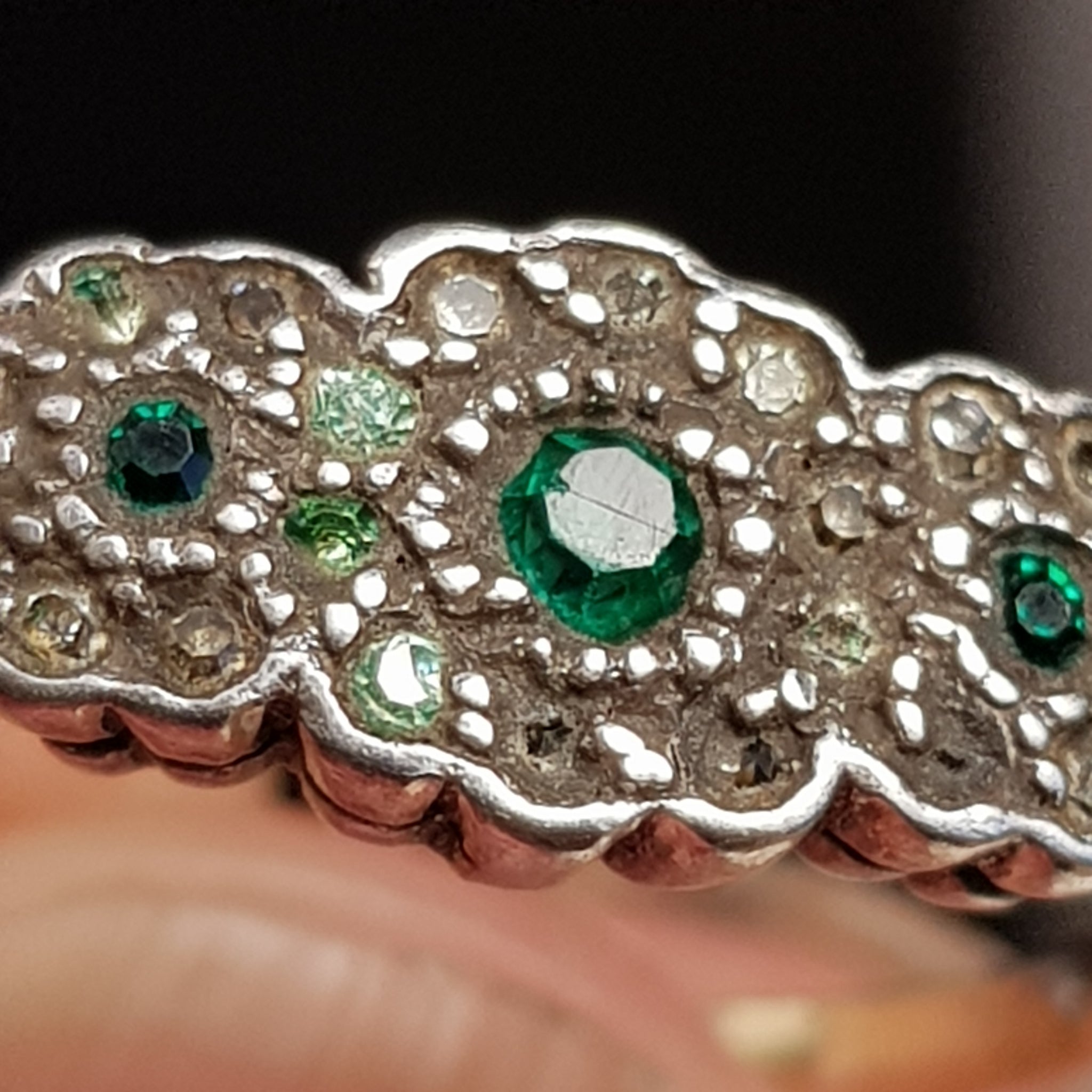 9k Gold And Silver Green & White Paste Daisy Flower Ring Vintage Art Deco circa 1920's