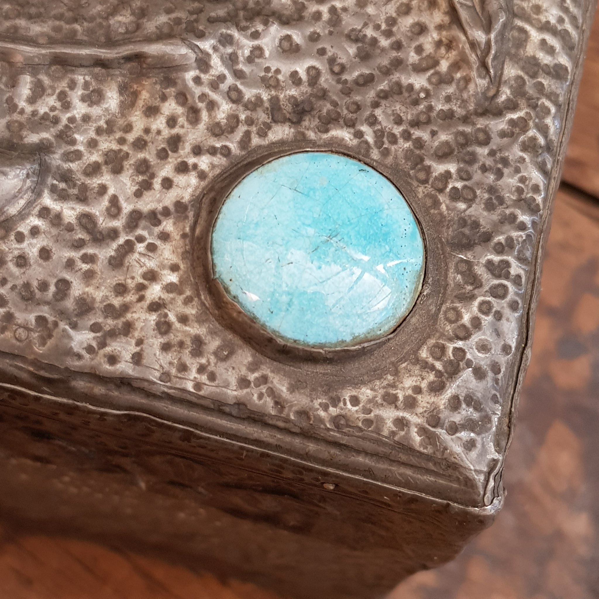 Arts & Crafts Pewter Worked Three Dimensional Owl Decorated Box With Ruskin Roundels Antique Circa 1905