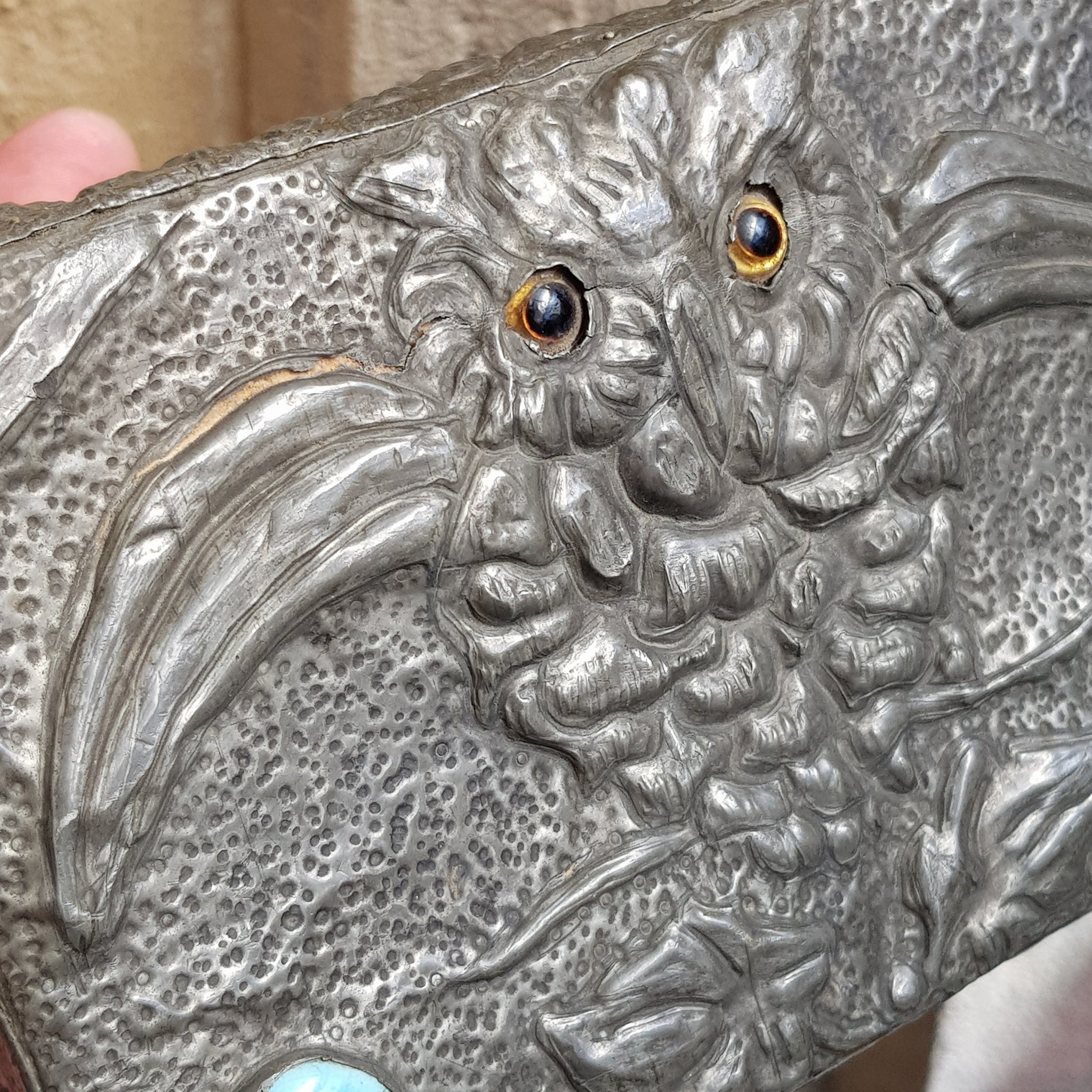 Arts & Crafts Pewter Worked Three Dimensional Owl Decorated Box With Ruskin Roundels Antique Circa 1905