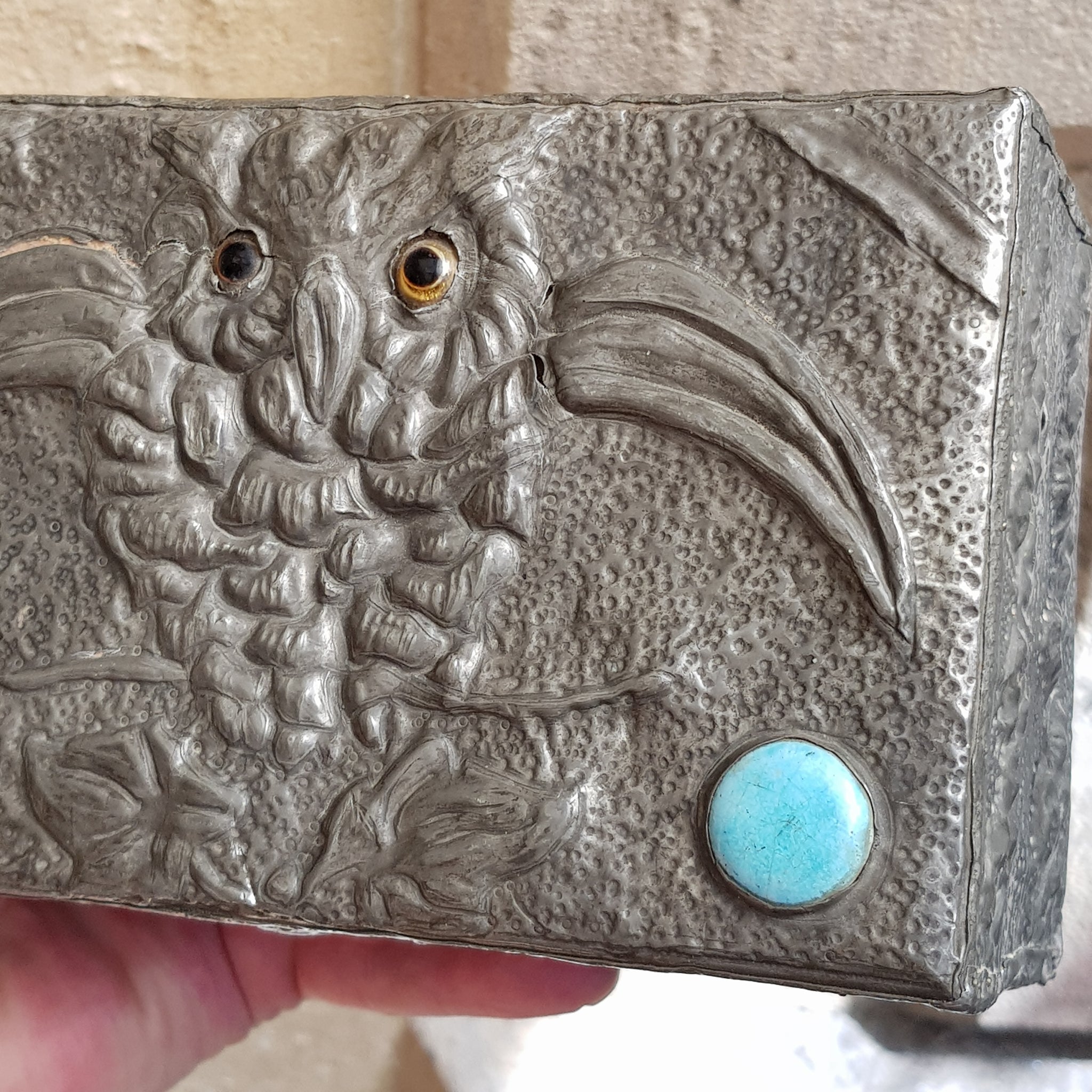 Arts & Crafts Pewter Worked Three Dimensional Owl Decorated Box With Ruskin Roundels Antique Circa 1905
