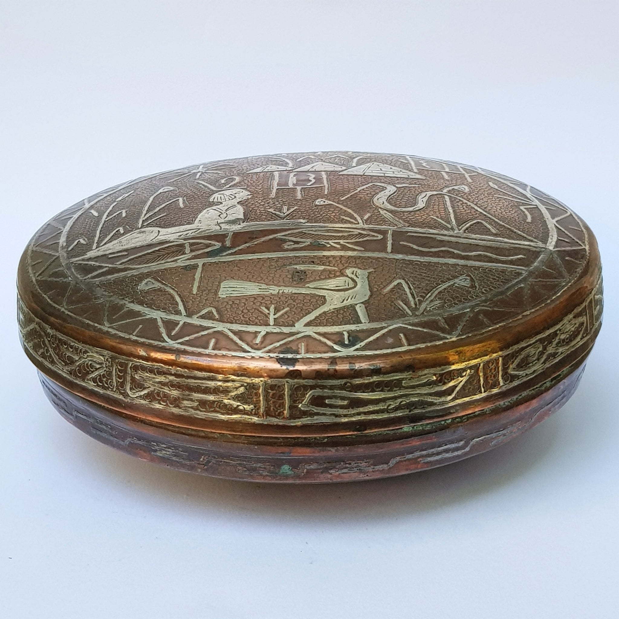 Egyptian Grand Tour Souvenir Silver Decorated Solid Copper Box Antique Circa 1920's