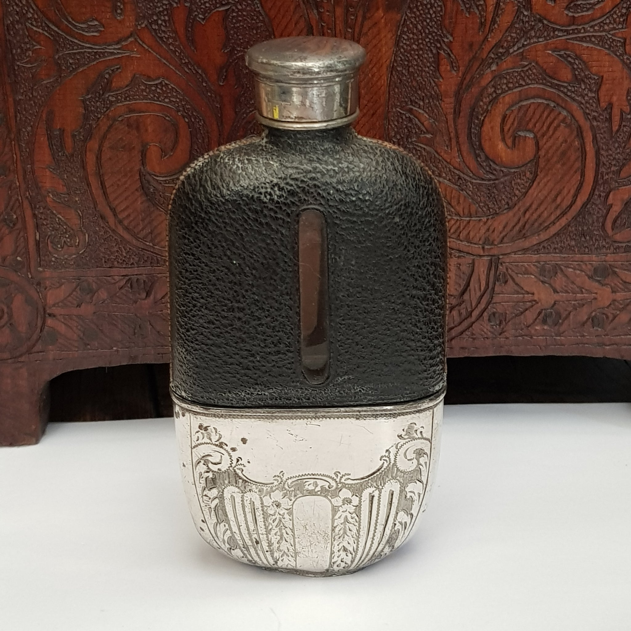 Blown Glass Leather Clad Hip Flask With Silver Plated Fittings Antique Victorian Circa 1890