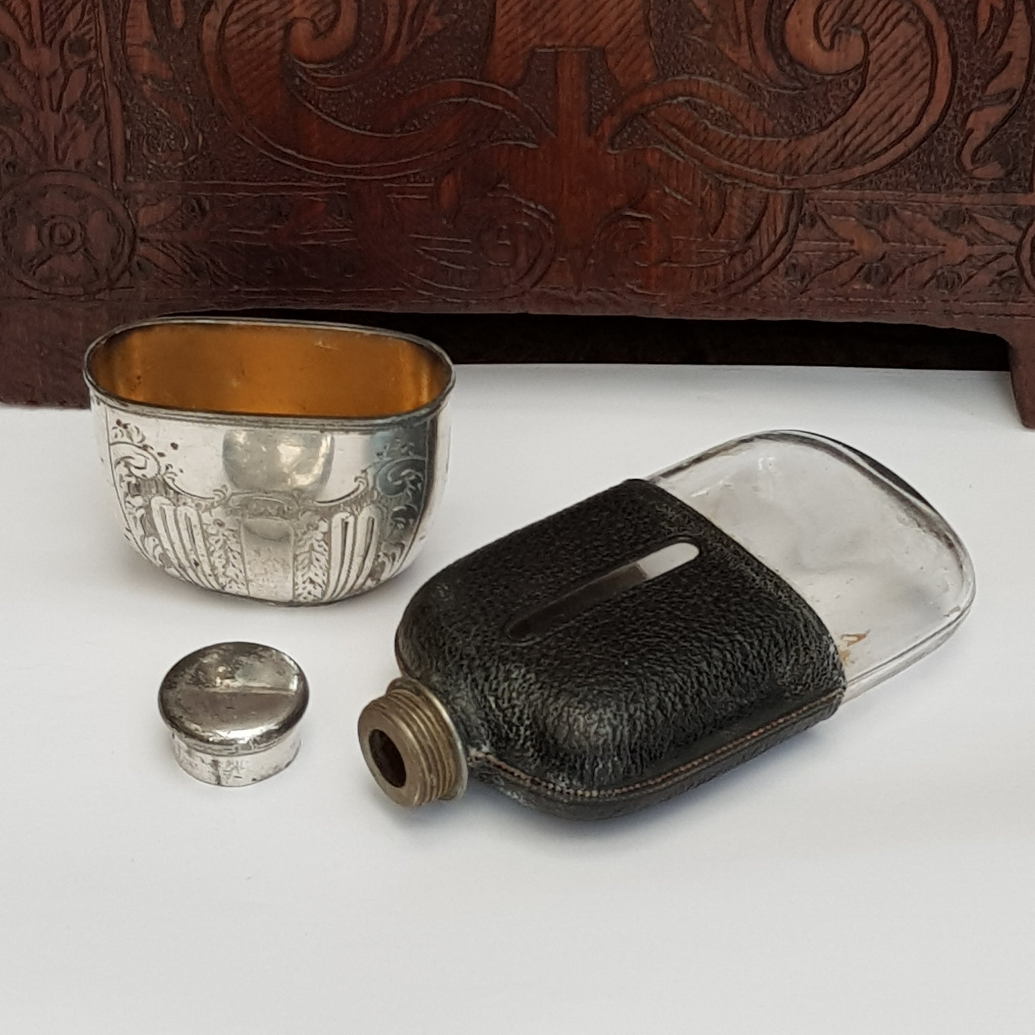 Blown Glass Leather Clad Hip Flask With Silver Plated Fittings Antique Victorian Circa 1890