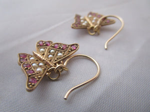 9k Gold Ruby And Seed Pearl Dangling Butterfly Earrings Vintage Birmingham 1985