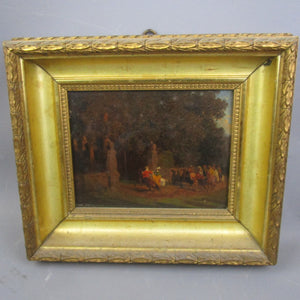Antique-19th Century Oil On Board Framed Painting-Mounted Musketeers In A Forest At Pillared Gate-circa 1830
