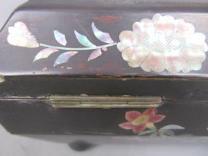 Chinoiserie Papier Mache Lacquered Mother Of Pearl Sewing Box Antique Victorian c1880