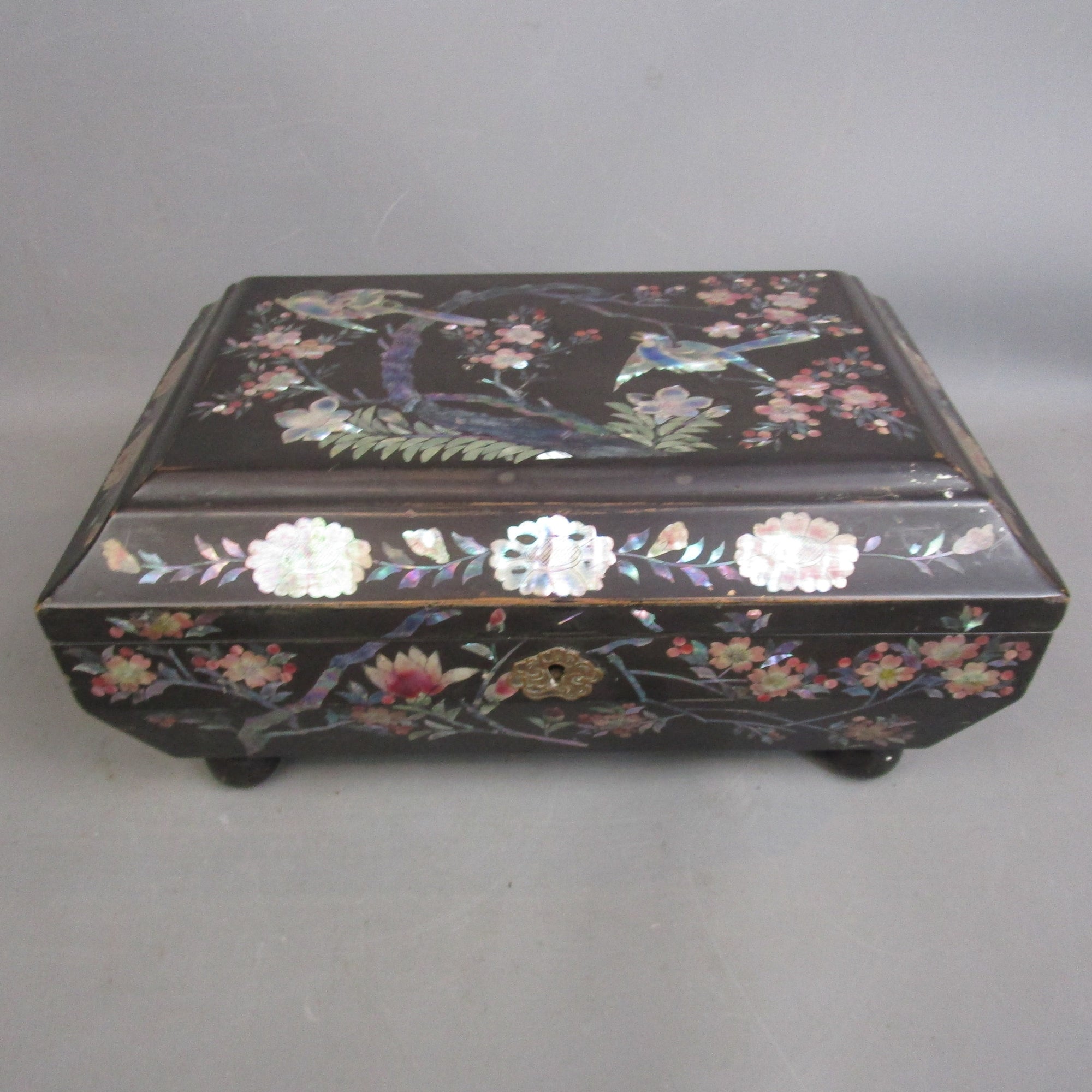 Chinoiserie Papier Mache Lacquered Mother Of Pearl Sewing Box Antique Victorian c1880