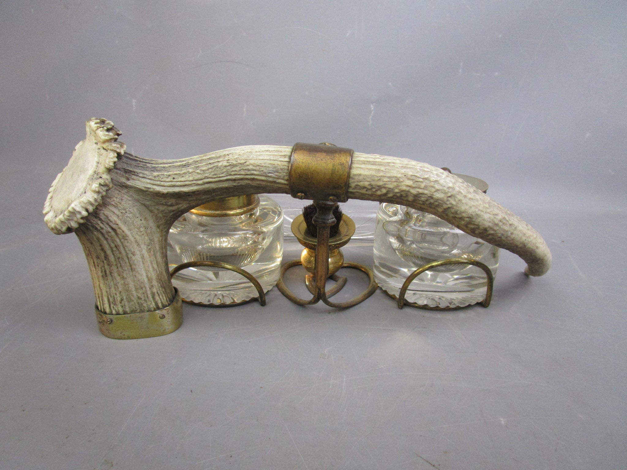 Cut Glass And Antler Ink Stand Antique Victorian c1880