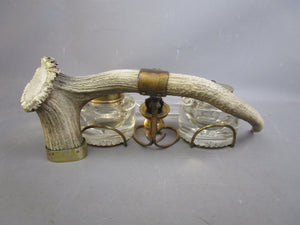 Cut Glass And Antler Ink Stand Antique Victorian c1880
