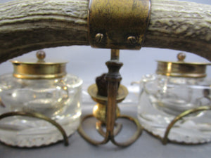 Cut Glass And Antler Ink Stand Antique Victorian c1880