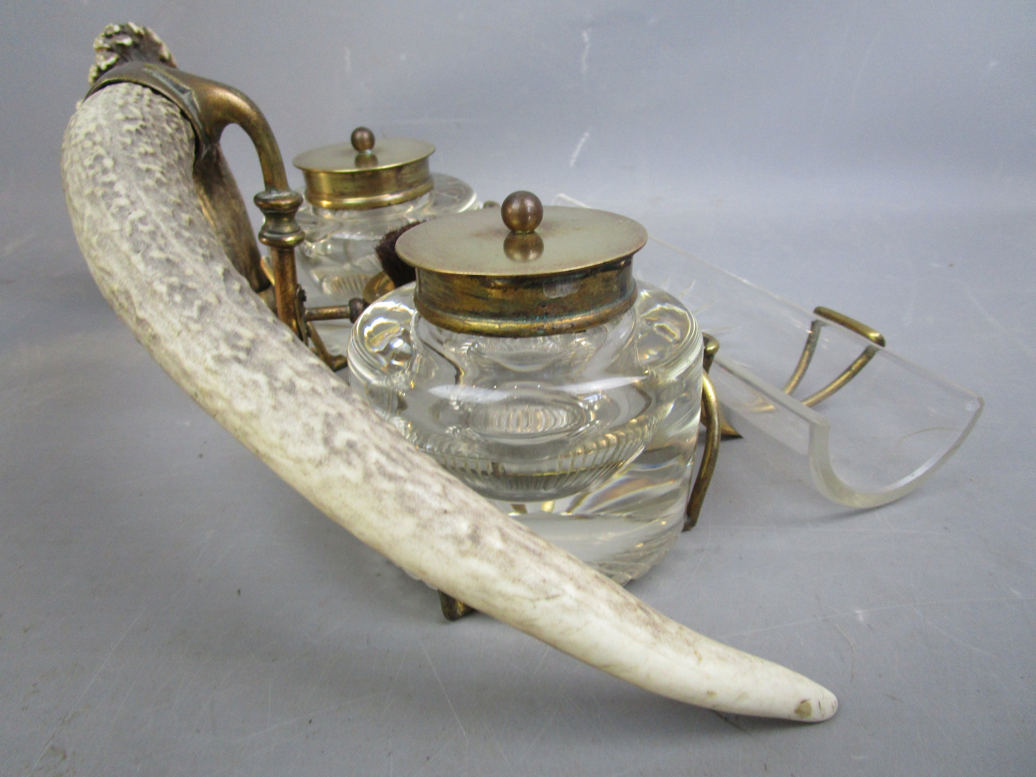 Cut Glass And Antler Ink Stand Antique Victorian c1880
