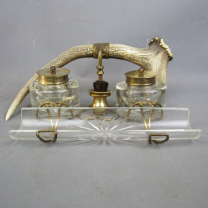 Cut Glass And Antler Ink Stand Antique Victorian c1880