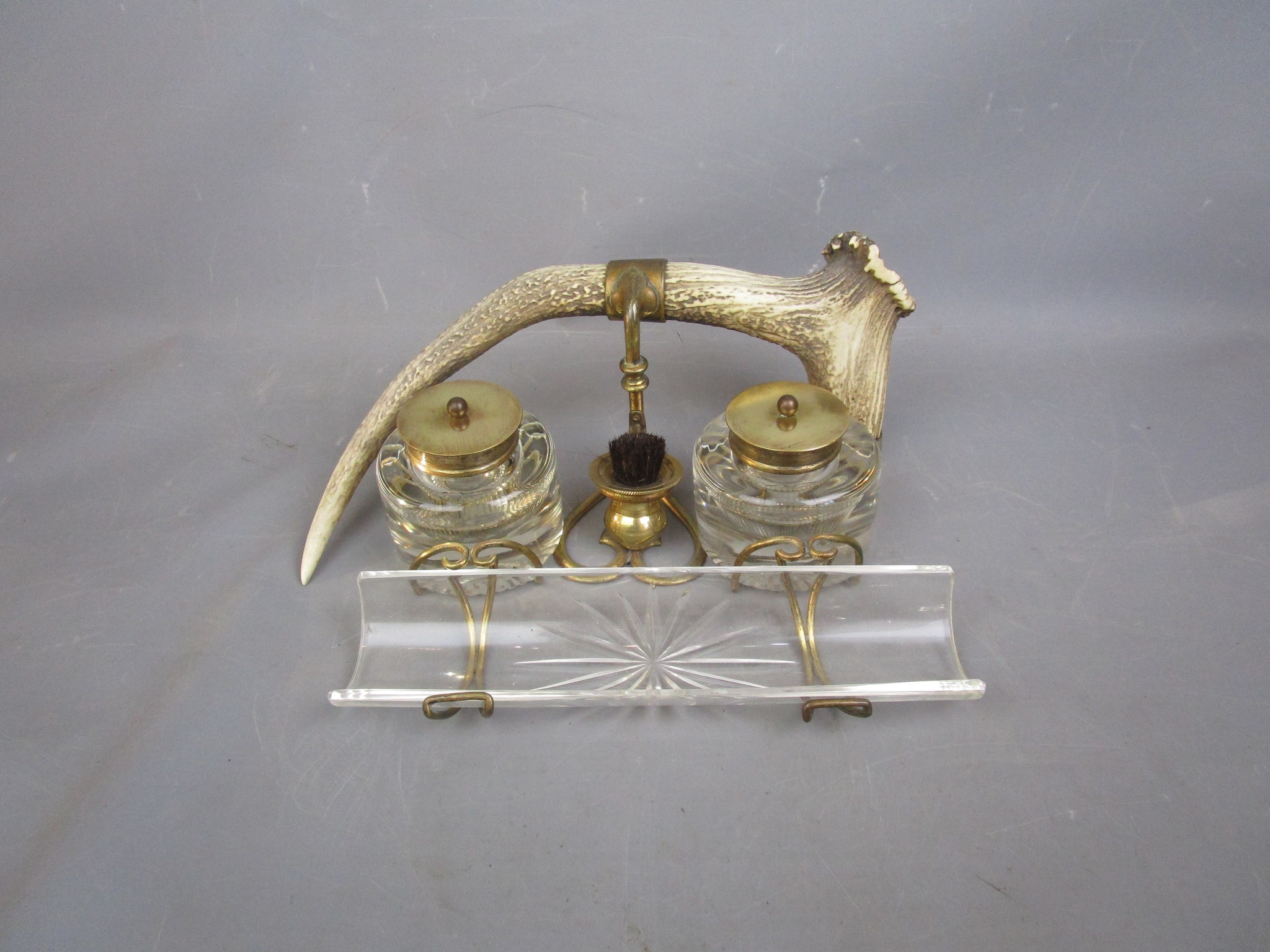Cut Glass And Antler Ink Stand Antique Victorian c1880