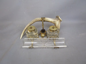 Cut Glass And Antler Ink Stand Antique Victorian c1880